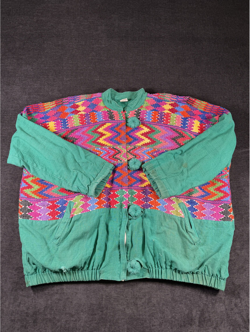 Vintage Guatemalan Woven Tapestry Multicolor Bomber Jacket with Green Canvas
